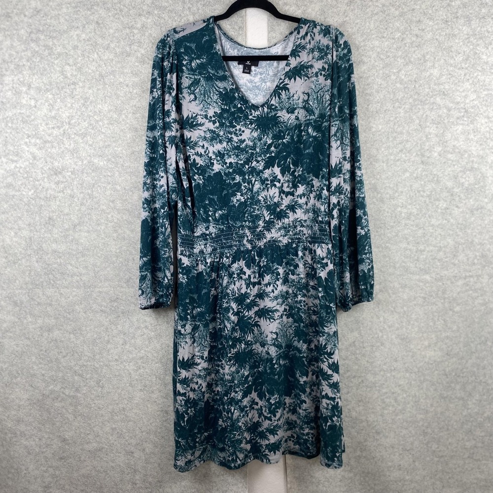 Jason Wu Dress Womens Large Green Floral V Neck Smocked Fit Flare Knee Length